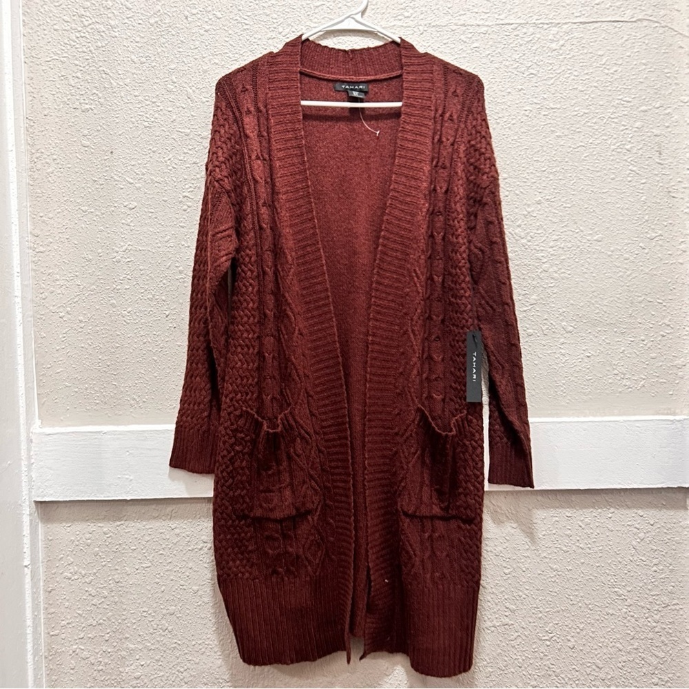 Tahari Brown Long Open Cardigan NWT Small